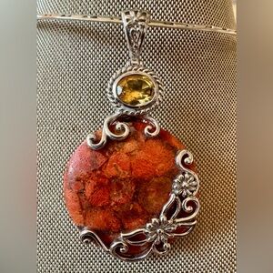 Sterling Silver Orange Jasper Pendant with Citrine Accent -         2 3/4”